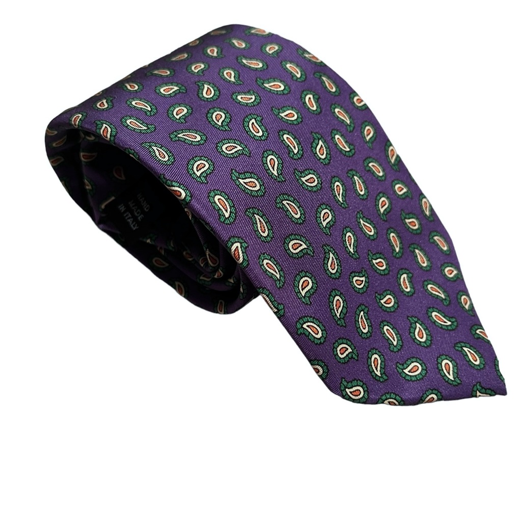 Vintage 90s Polo Ralph Lauren Handmade Tie Purple Green Paisley Italian Silk